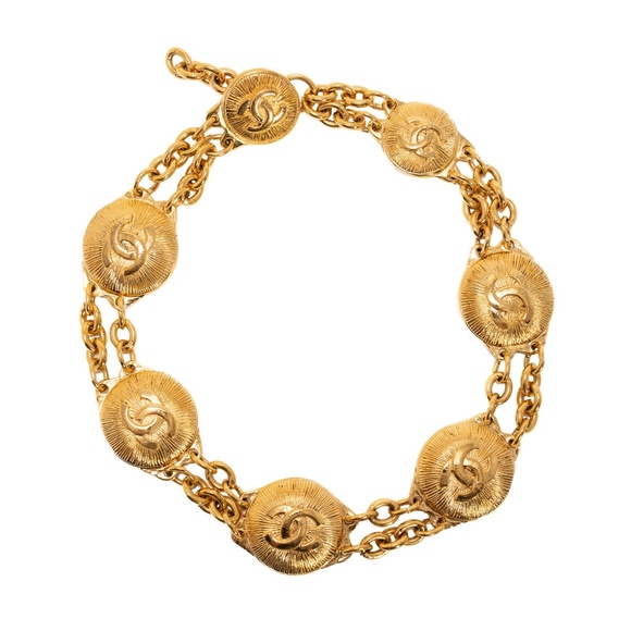 CHANEL 80s Vintage Gold Sunburst Logo Pendant Medallion Chain Choker *RARE* - Picture 1 of 13